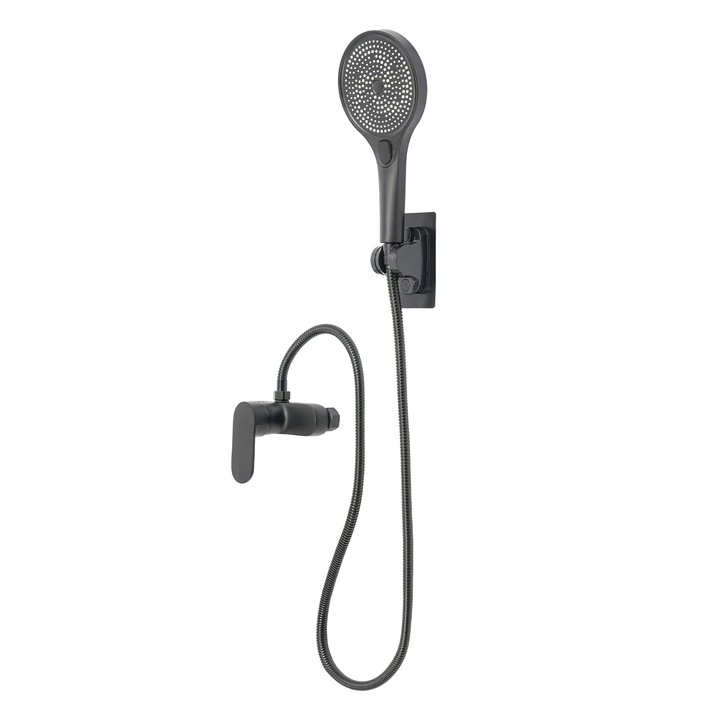 Set de dus negru, 3 moduri, cap de dus 27x14 cm, furtun 1, 5 m