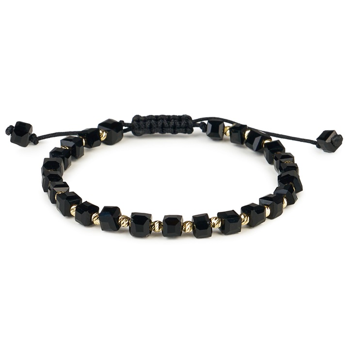 Bratara cu bile Aur 14 K "585" si cristale cubice negre, reglabila