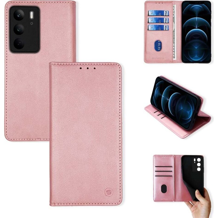 Sonique Theke Portofel Vintage Magnet pentru Realme C75 4G, Roz, 3 sloturi pentru carduri, 1 slot mare pentru documente