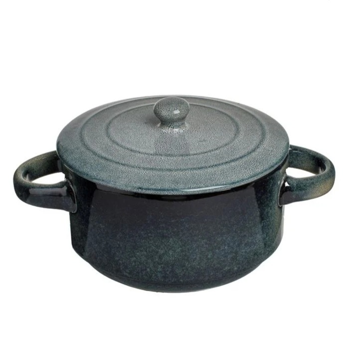 Bol ceramic cu capac, glaze, albastru petrol, 700ml, 14x8cm