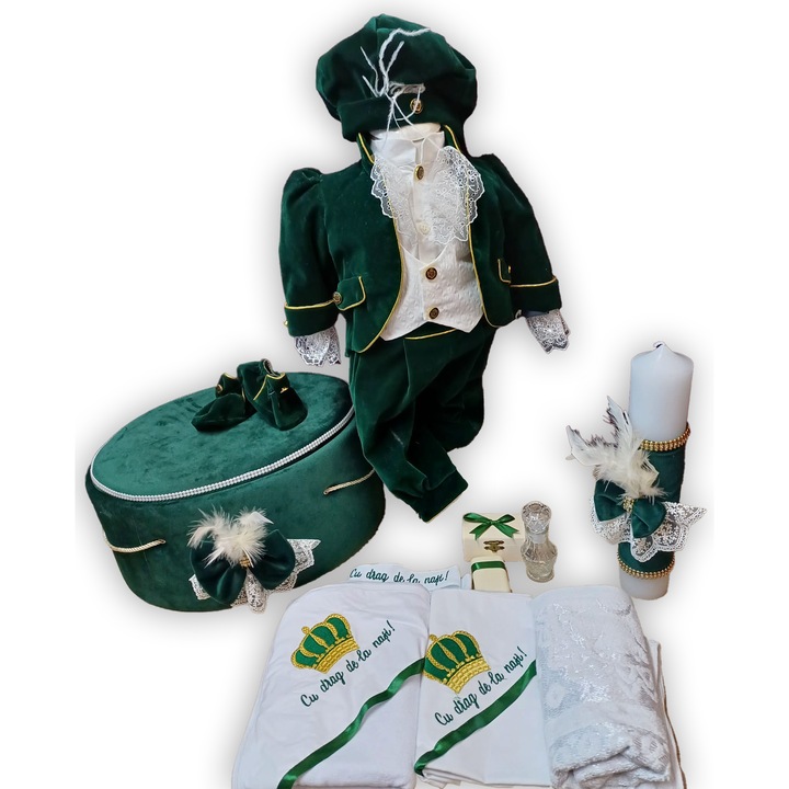 Trusou botez băiat Micul print, costum catifea, lumanare, prosop bumbac, verde