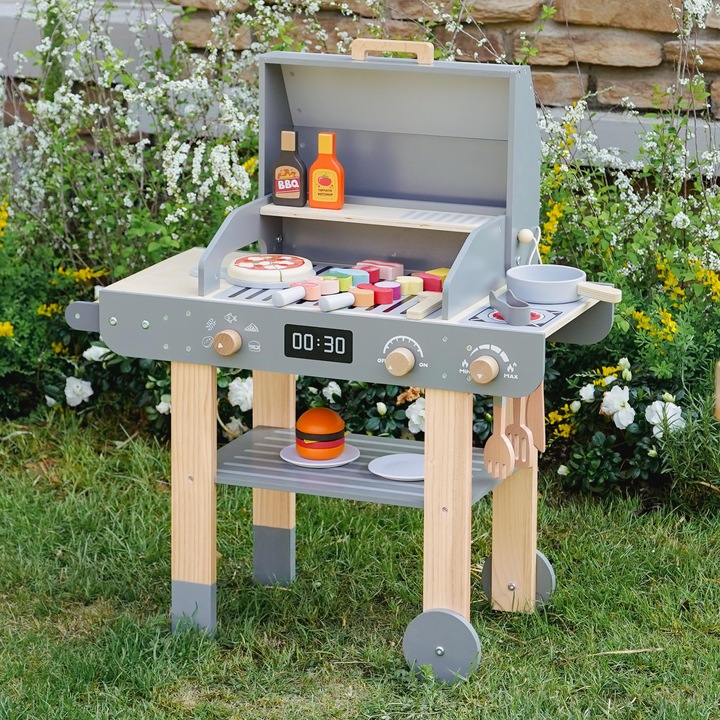 Set de joaca gratar din lemn pentru copii – jucarie BBQ realista cu accesorii si alimente – de la 3 ani – perfect pentru jocuri de rol si micii bucatari