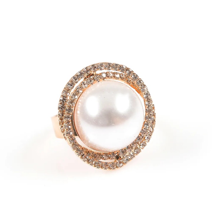 Inel auriu cu perlă și pietre strălucitoare, reglabil