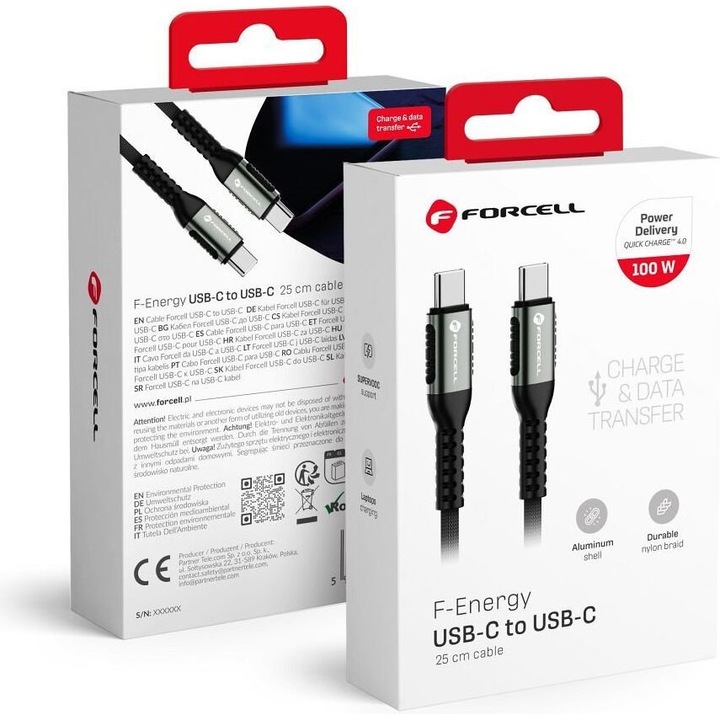 Cablu USB-C la USB-C FORCELL 100W, 0,25m, negru, suport Quick Charge 4.0