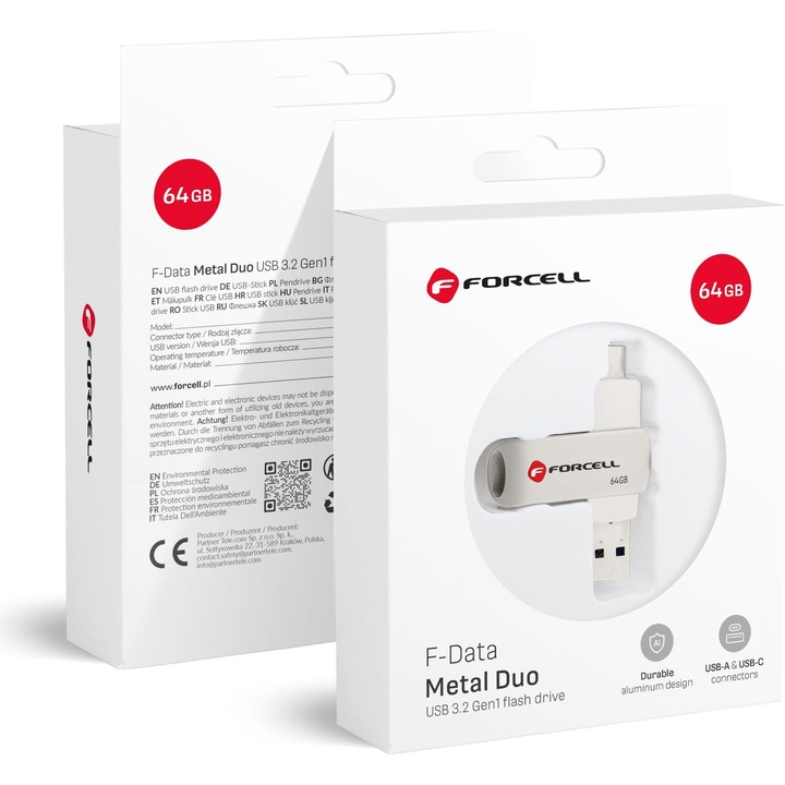 Pendrive Forcell F-Data Metal Duo 64GB, USB-A/USB-C, aluminiu, argintiu