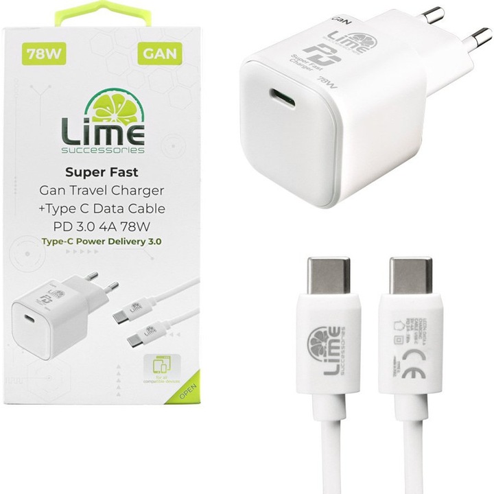 Incarcator telefon Lime, Type C, Gan 54W alb, 5V-9V 4.0A/12V 3.5A/20V 2.7A