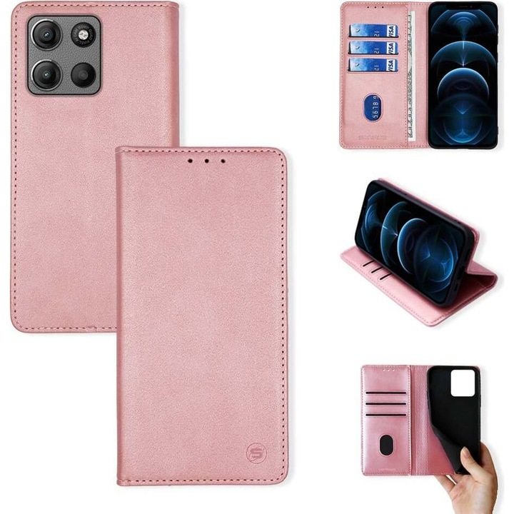 Husa telefon Sonique Vintage Magnet Wallet, 3 compartimente pentru carduri, 1 compartiment mare pentru documente, roz, pentru Motorola Moto G15 4G / Moto G15 Power