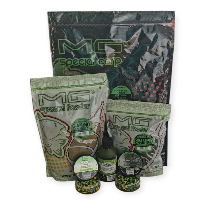 Pachet momeală MG Special Carp G-AMINO, mix 1kg, pelete 500gr, aditiv 250ml, melci 30gr, mini melci 25gr