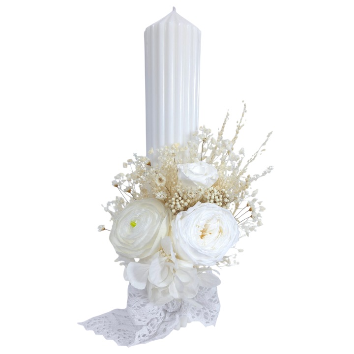 Lumanare Botez decorata cu ranunculus si trandafiri criogenati, 35 cm