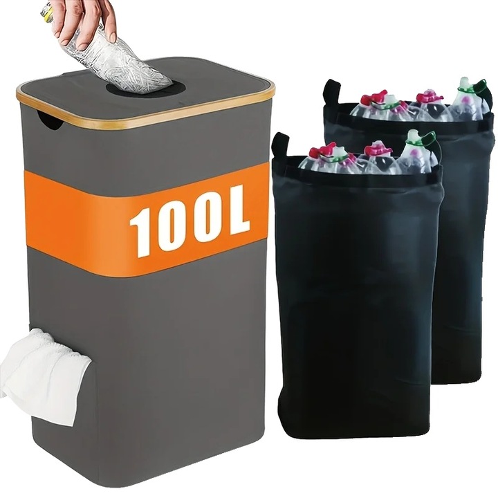 Cos de gunoi, 100 litri, capac cu control al mirosului, gri, set cu 2 saci interni removabili