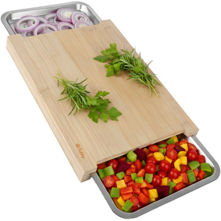 Tocator bambus Ruhhy, 2 recipiente extractibile inox, 40 x 28.5 x 3.5 cm, rezistent la umiditate, suprafata mare, compatibil masina de spalat vase, culoare naturala