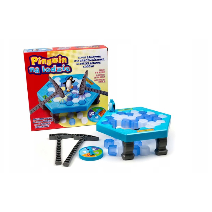 Pingvin a jégen társasjáték, 2 kalapács, 1 pingvin figura, többszínű, 19 fehér blokk, 19 kék blokk