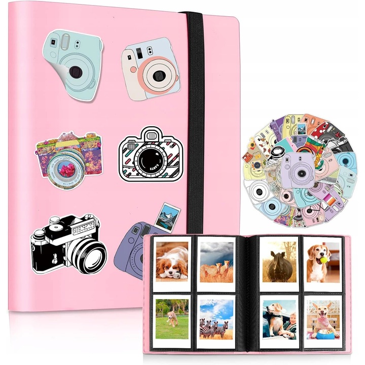 Album foto pentru Instax, 160 de fotografii, roz, set cu rame si autocolante