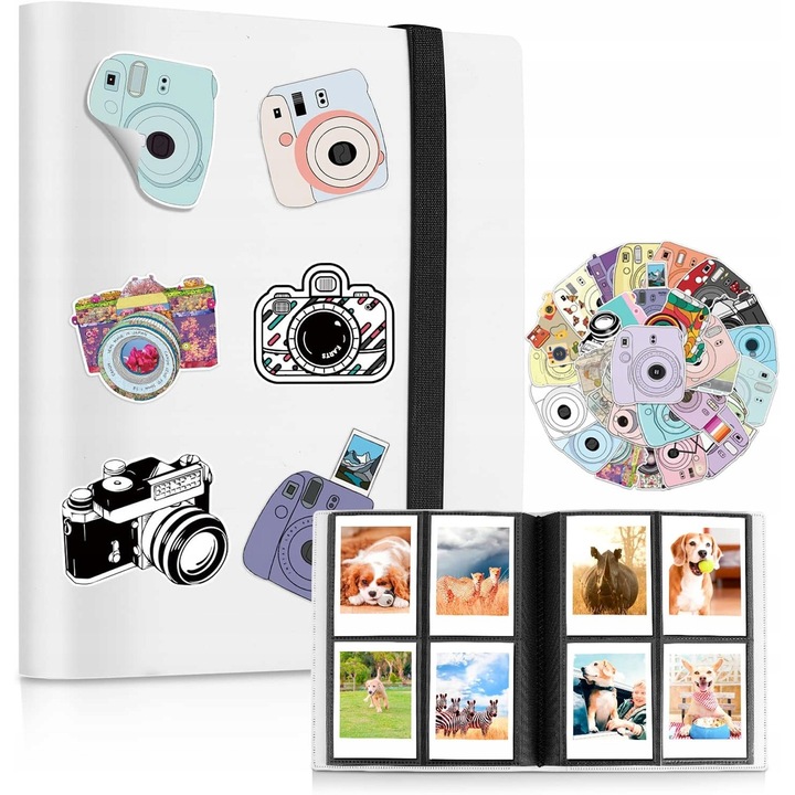 Album foto cu 160 de buzunare, alb, set cu rame si autocolante pentru Instax