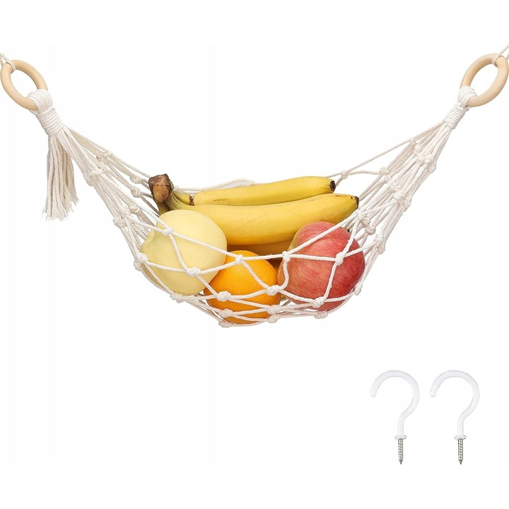 Cos suspendat pentru fructe 60cm, bumbac, cu carlige surub