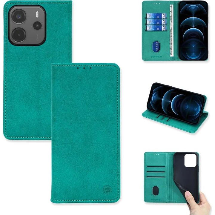 Sonique Theke Portofel Vintage Magnet pentru Xiaomi Redmi Note 14 4G, 3 sloturi pentru carduri, 1 slot mare pentru documente, multicolor, dimensiuni 164.84mm