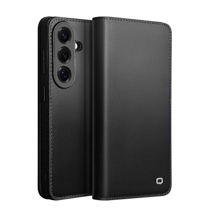 Кожен калъф за Samsung Galaxy S26 Plus, тип книга, портфейл с карти, стойка за видео, Qialino Business Wallet, Черен – Graphite Black