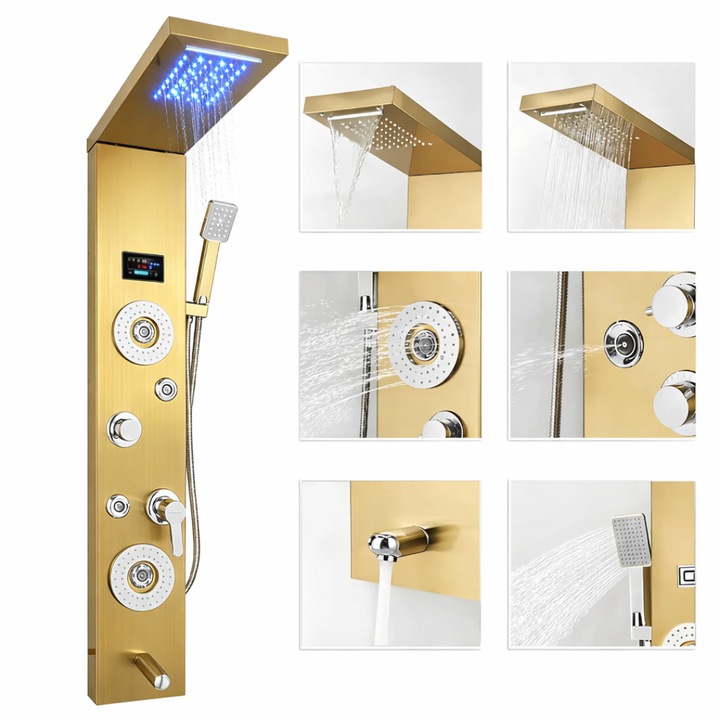 Panou dus Macvi® hidromasaj 5 functii LED digital inox auriu satin 120 cm, afisaj temperatura anticalcar dus tip ploaie cascada, para mobila, jeturi masaj baie, premium