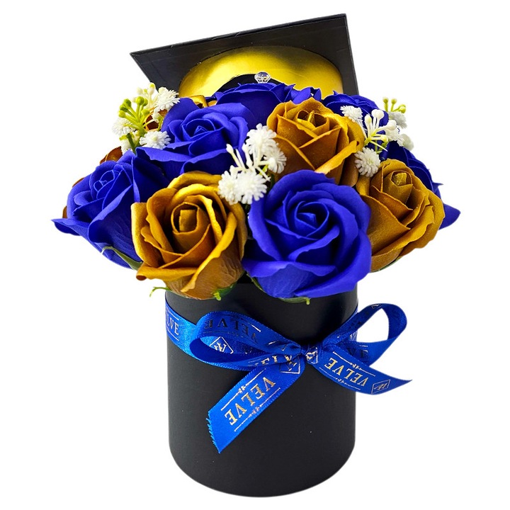 Aranjament floral pentru absolvire Royal Blue cu trandafiri din sapun, in cutie rotunda, Velve