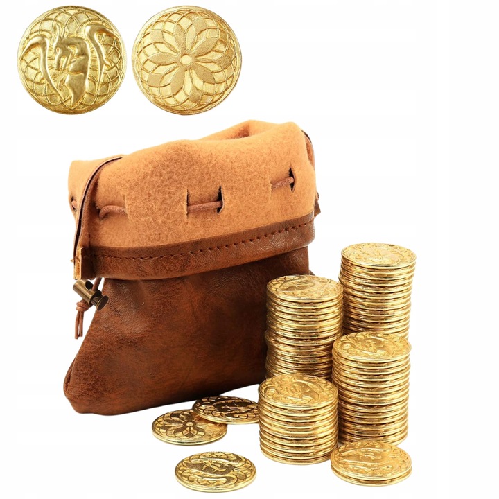 Set de monede metalice aurii pentru jocuri de societate, 50 bucati, cu geanta din piele