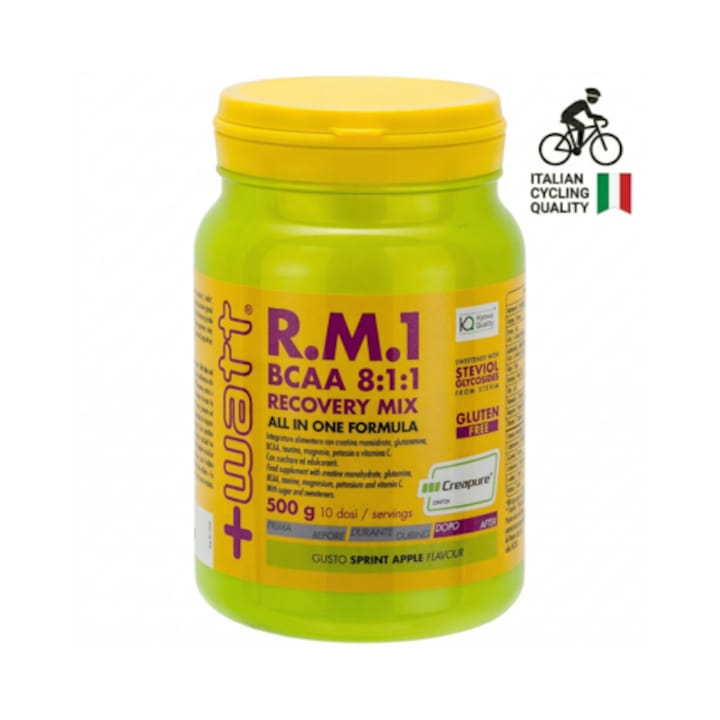 R.M.1 BCAA 8:1:1 Recovery Mix Pudra +Watt, formula completa pentru energie si recuperare musculara cu BCAA 8:1:1 si Creapure®, aroma de sprint apple