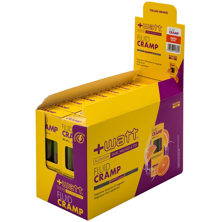 Fluid Cramp +Watt, supliment pentru sustinerea nivelului de electroliti si hidratare musculara avansata cu magneziu, sodiu si glicerol, cutie cu 32 fiole, aroma de portocale