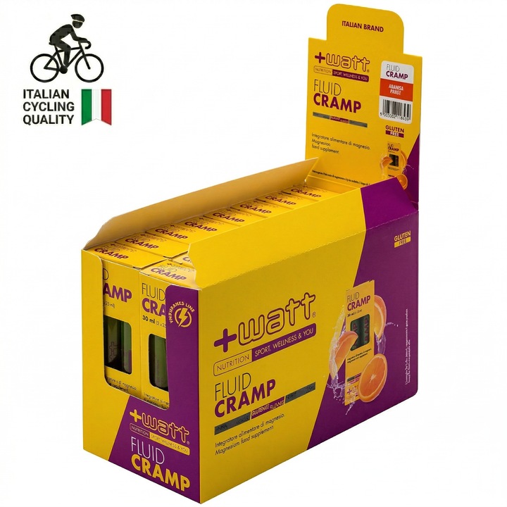Fluid Cramp +Watt, supliment pentru sustinerea nivelului de electroliti si hidratare musculara avansata cu magneziu, sodiu si glicerol, cutie cu 32 fiole, aroma de portocale