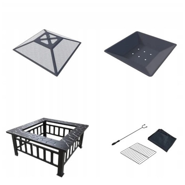 Gratar metalic 80cm, 3 in 1, cu husa, pentru gradina, terasa, 81x81x45cm