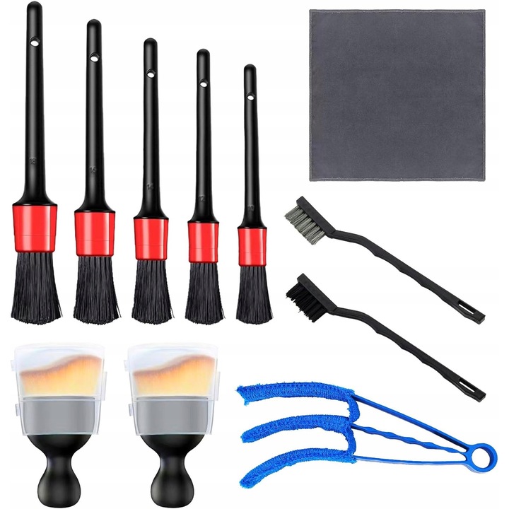 Set 11 accesorii pentru curatarea auto, 5 pensule cu maner lung, 2 pensule cu maner scurt, 2 perii metalice, 1 perie pentru ventilatie, 1 carpa din microfibra