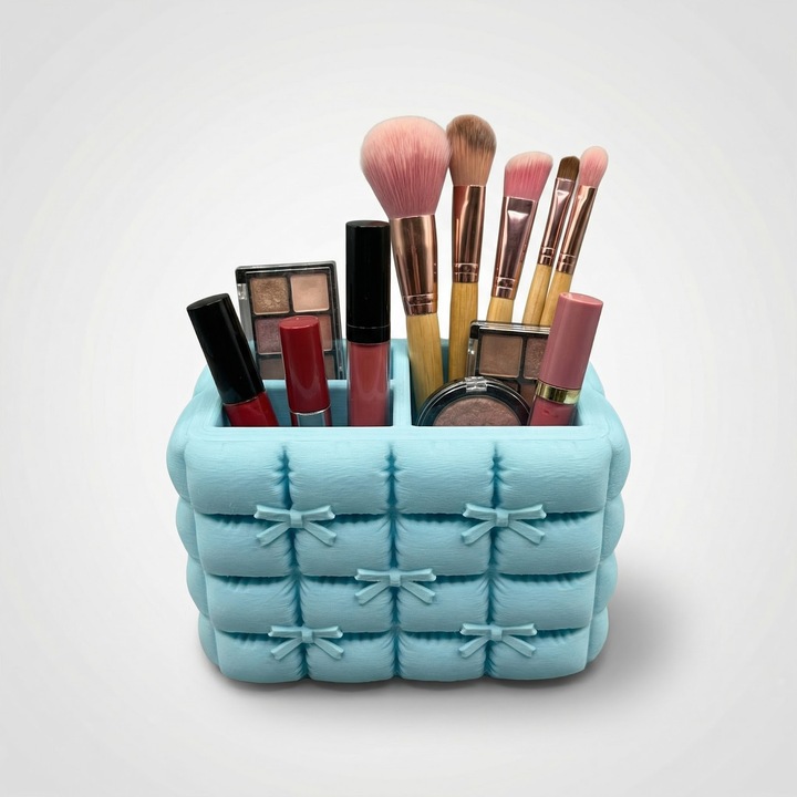 Organizator machiaj, albastru deschis, plastic PLA, 18 cm, design puffy, compartimente multiple