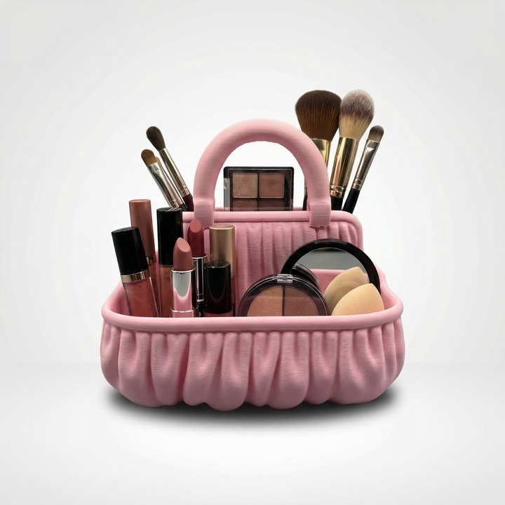 Organizator cosmetice roz, plastic PLA, dimensiuni 8.5x12.7x11.5cm, cu maner elegant