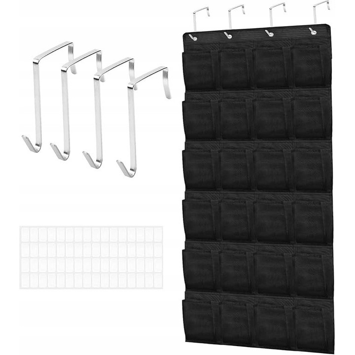 Organizator pentru incaltaminte suspendat, 24 buzunare, material respirabil, dimensiuni standard, negru