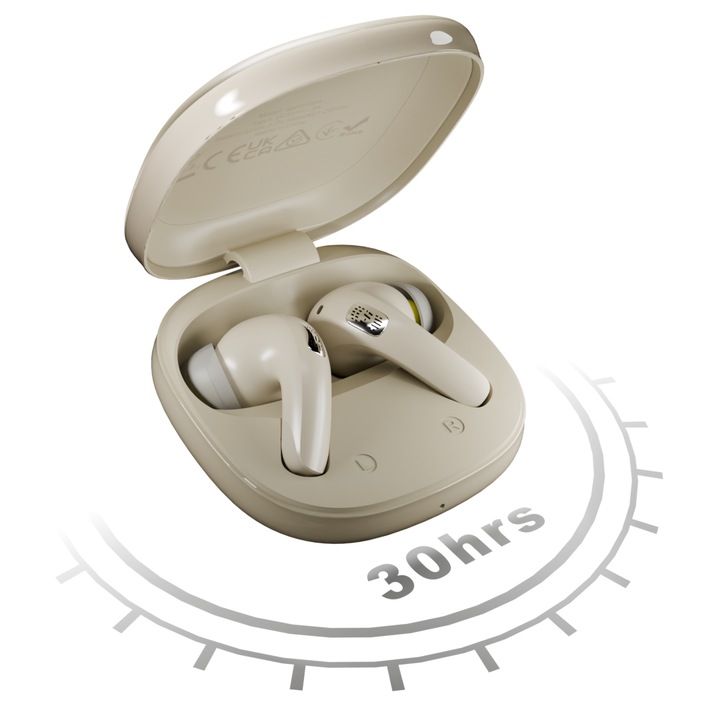 Casti wireless HiFuture Sonic Core, TWS, Anulare activa a zgomotului (ANC), Apeluri clare cu 4 Microfoane, BT 5.4, Baterie 30h, Latte