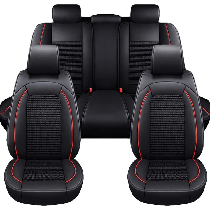 Set Huse Auto universale lux piele + textil, Negru cu cusatura rosie pentru scaune fata si spate