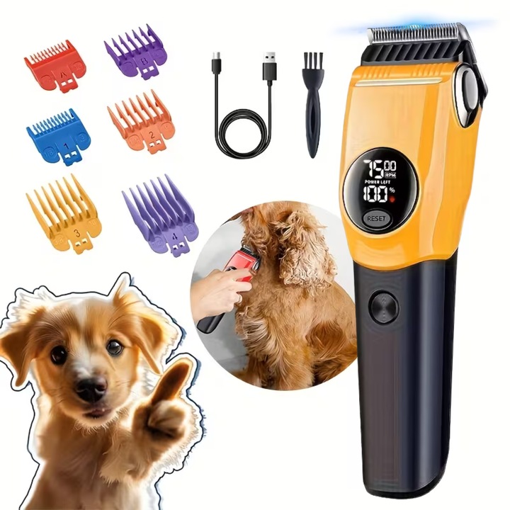 Mașină de tuns pentru animale, 8W, 3 viteze, LED, set complet, 6 piepteni, încărcare Type-C