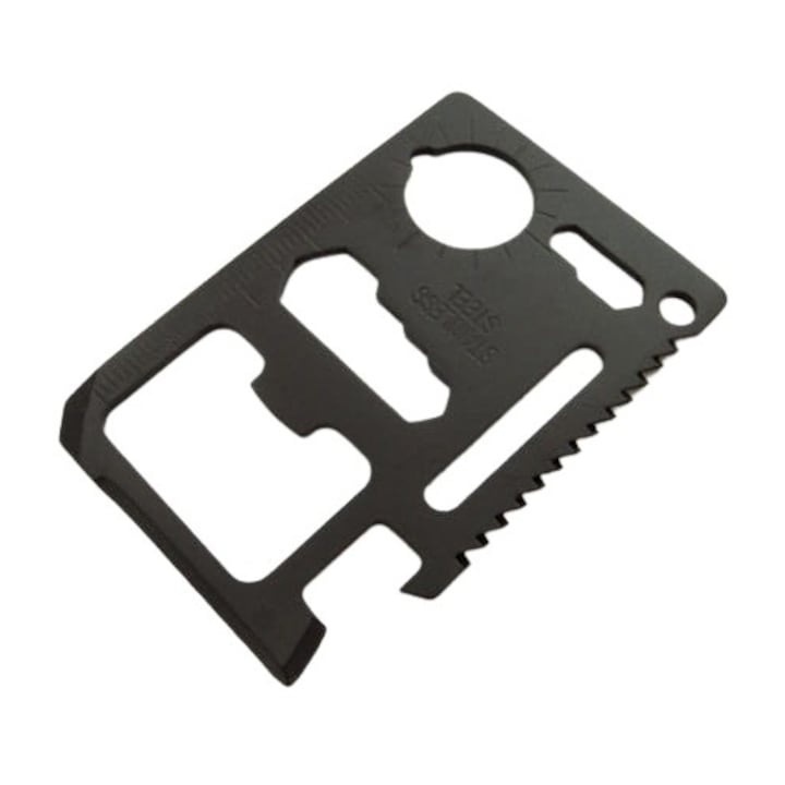 Card multifunctional supravietuire, Dodaco, 11 functii, otel dur, negru, 70x45mm, cu husa inclusa
