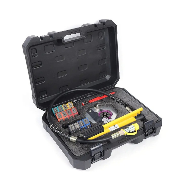 Set presa hidraulică manuală, 7 matrițe, aliaj de aluminiu, galben, dimensiuni #6x#8x#10x#12