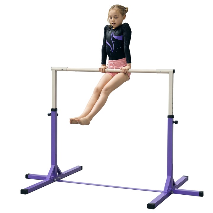 Bara de gimnastică pentru copii, înălțime reglabilă 92-150 cm, violet, set complet