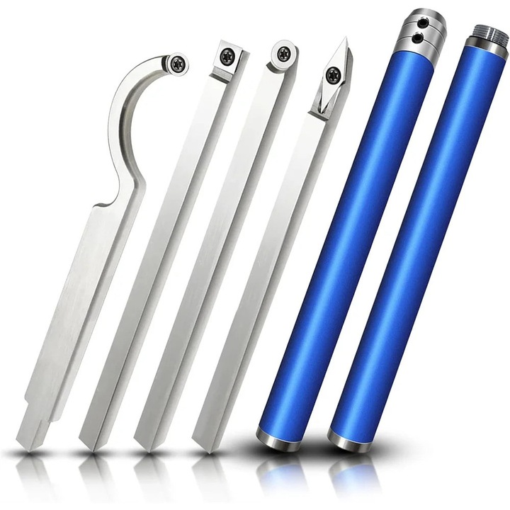 Set scule pentru strunjit lemn, 6-in-1, cu placute din carbura, maner din aliaj de aluminiu, albastru, 10x30cm