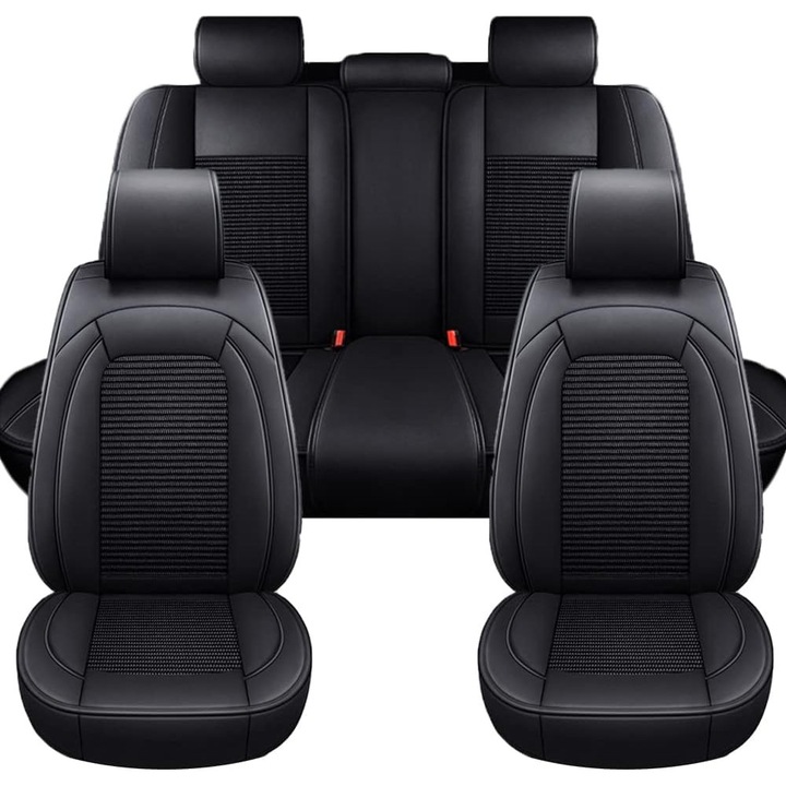 Set Huse Auto universale luxoase din piele ecologica cu material textil, negru pentru scaune fata si spate