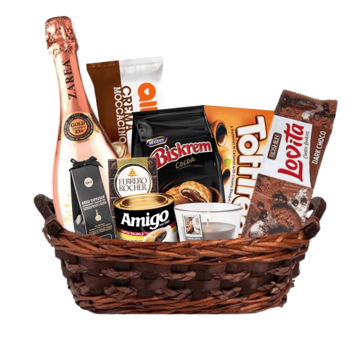 Cos Cadou Premium cu Zarea Royal Gold Rose 0.75L, Cafea Amigo 100g, multicolor, 32x21x14cm