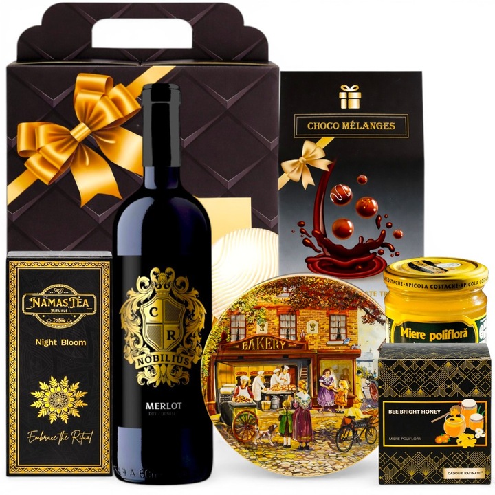 Pachet cadou elegant Cadouri Rafinate® Black Elegance, vin rosu demisec, ceai premium, miere, biscuiti danezi si alune in ciocolata neagra, ambalat festiv, cadou ideal pentru aniversare, Paste si Craciun