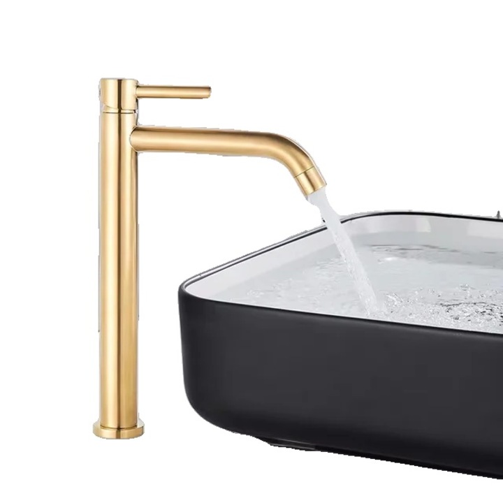 Csaptelep, modern design, szálcsiszolt arany, mosdópultra szerelhető, egylyukú