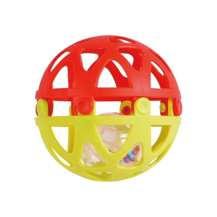Csörgő labda, Minibo, piros/sárga, 12x12x12cm, 1 darabos szett