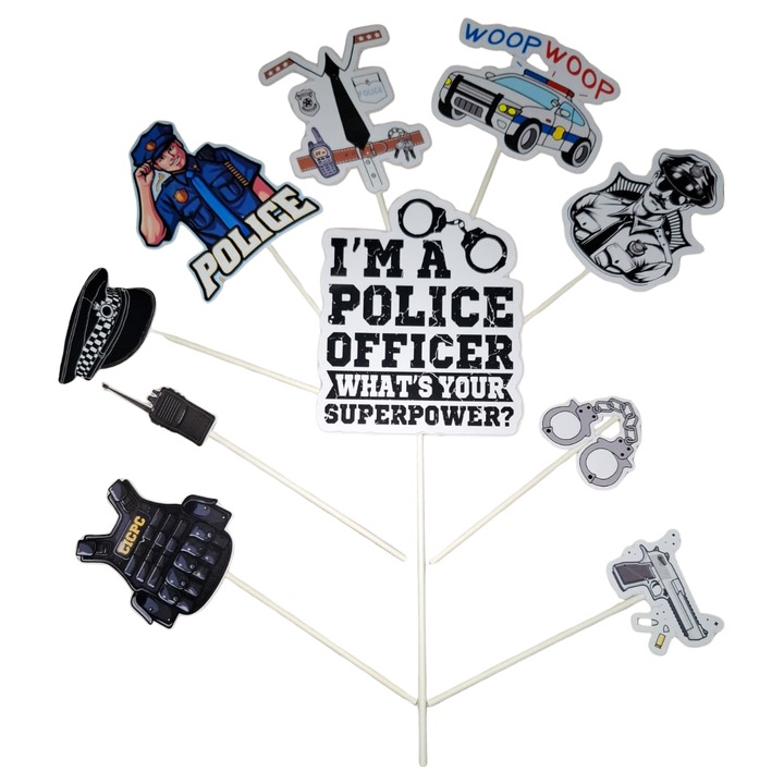 Decoratiune topper tort carton, tematica politist, aniversare - 10 piese