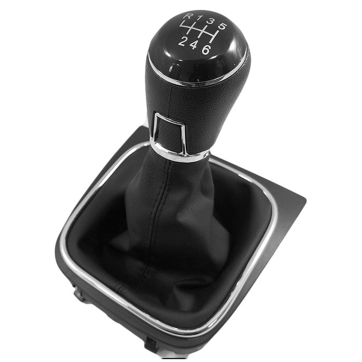 Set nucă schimbător viteze cu burduf din eco piele pentru VW Golf 5, Golf 6, Scirocco 3, Jetta 6, EOS, negru cu argintiu