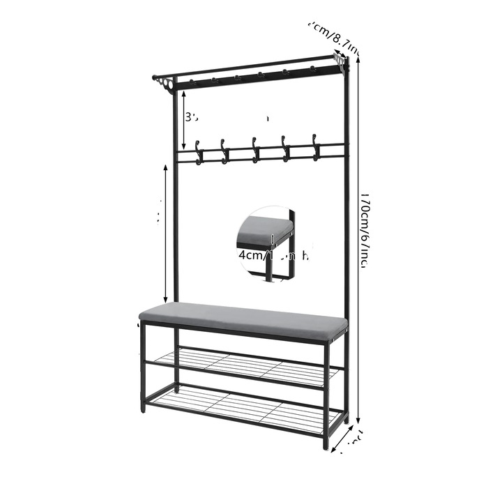 Előszoba fogas, cipőtároló pad, 6 kampó, világosszürke, 100x33x170cm