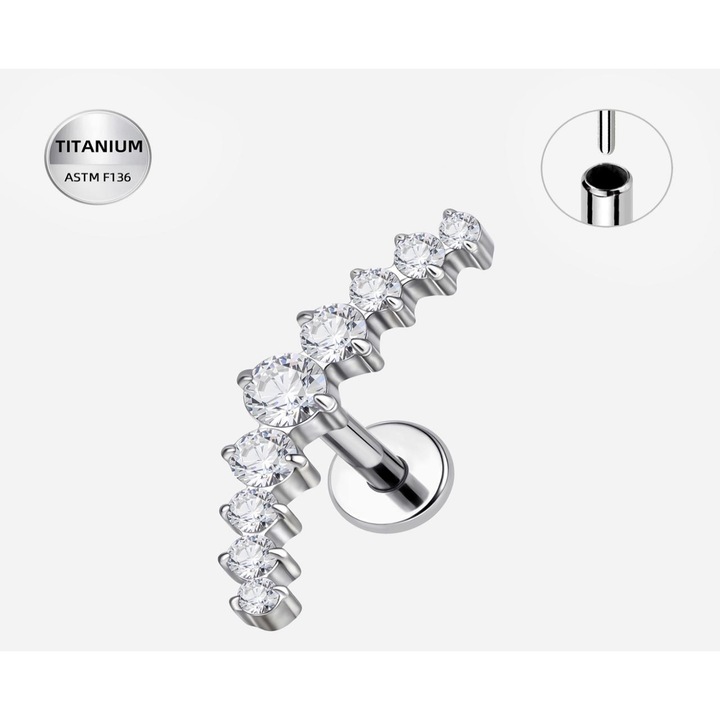 Piercing labret argintiu din titan cu sir de cristale – 1.2 × 8 mm, Funny Party Shop®