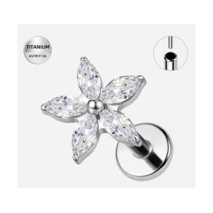 Piercing labret argintiu din titan cu floare din cristale marquise– 1.2 × 8 mm, Funny Party Shop®