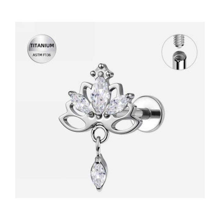 Piercing Labret din Titan ASTM F136 Argintiu cu Cristale Marquise si Pandantiv, Design Regal Elegant-1.2x8 mm, Funny Party Team®